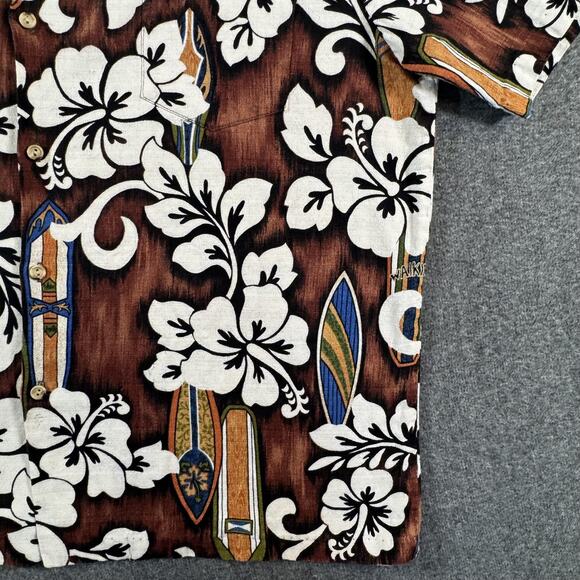 RJC Hawaiian Shirt Mens XL Bark Cloth Brown Hibiscus Surfboards Made in USA - Picture 8 of 11